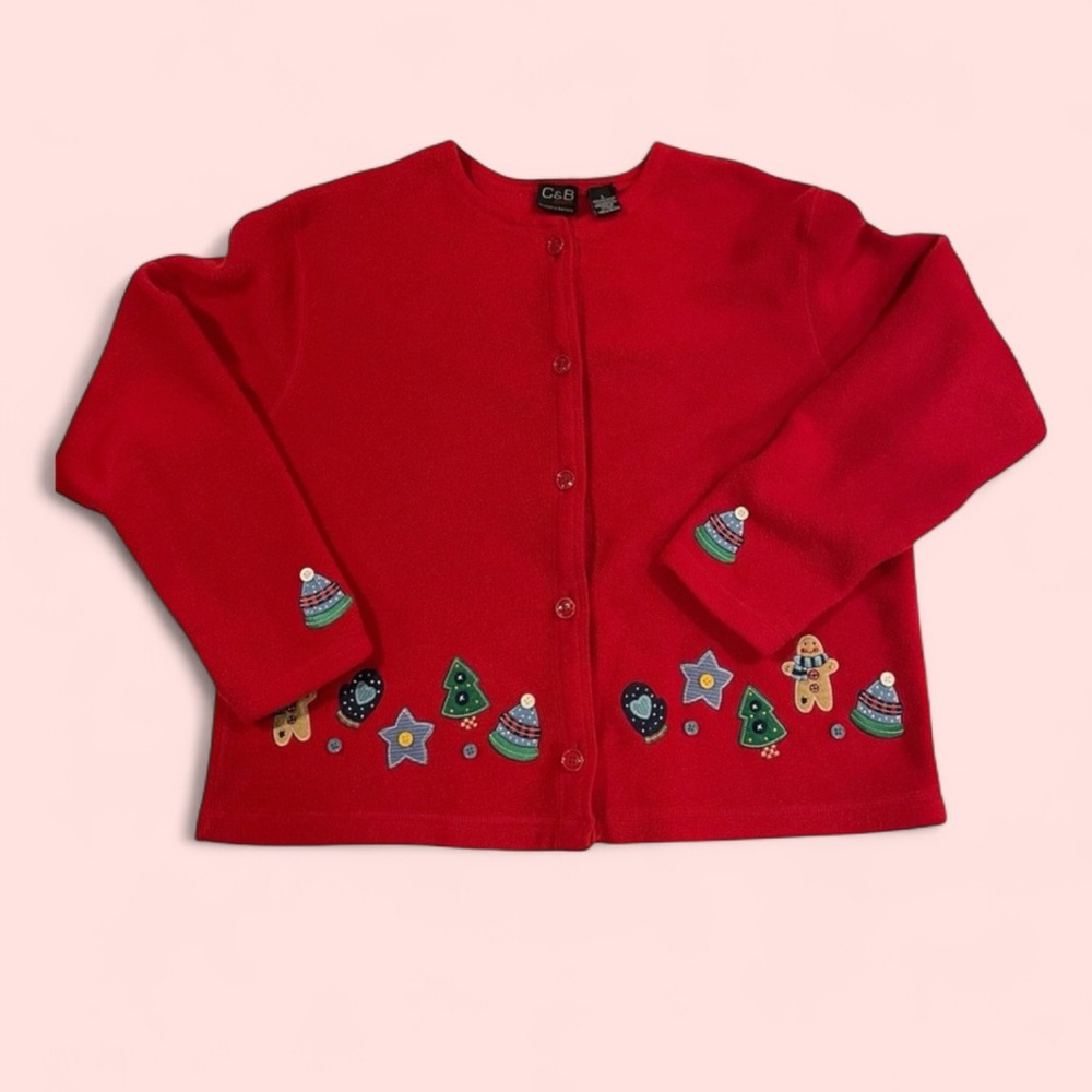 90’s vintage red holiday fleece cardigan Christmas granny sweatshirt cottagecore